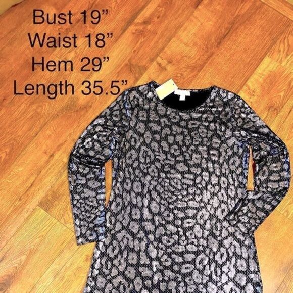 MICHAEL KORS BLACK & SILVER METALLIC LEOPARD PRINT SHIFT DRESS L NWT - Picture 15 of 16